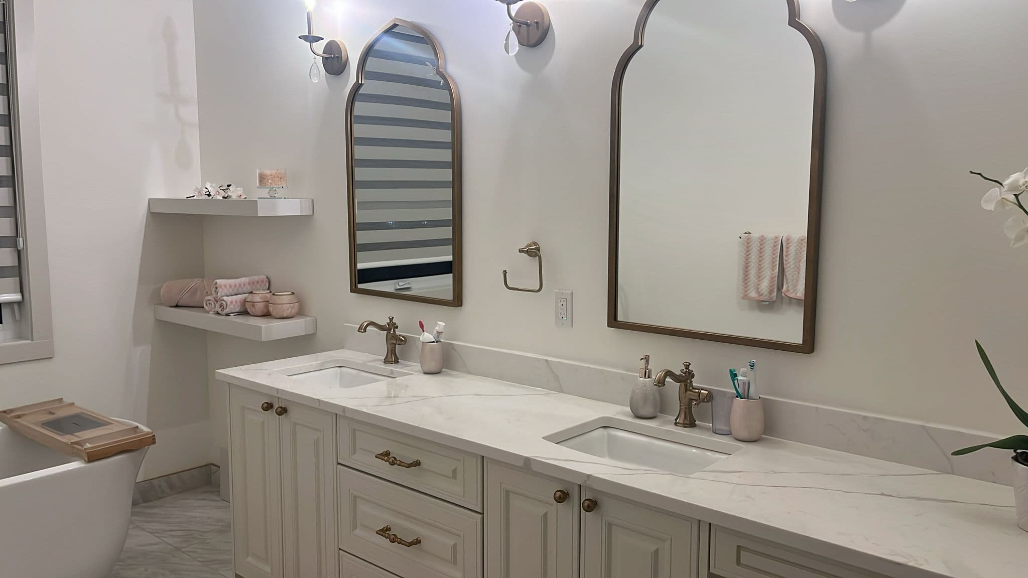 Double Sink Bathroom Vanity with Storage and Mirrors - Luxe Kitchen Cabinets