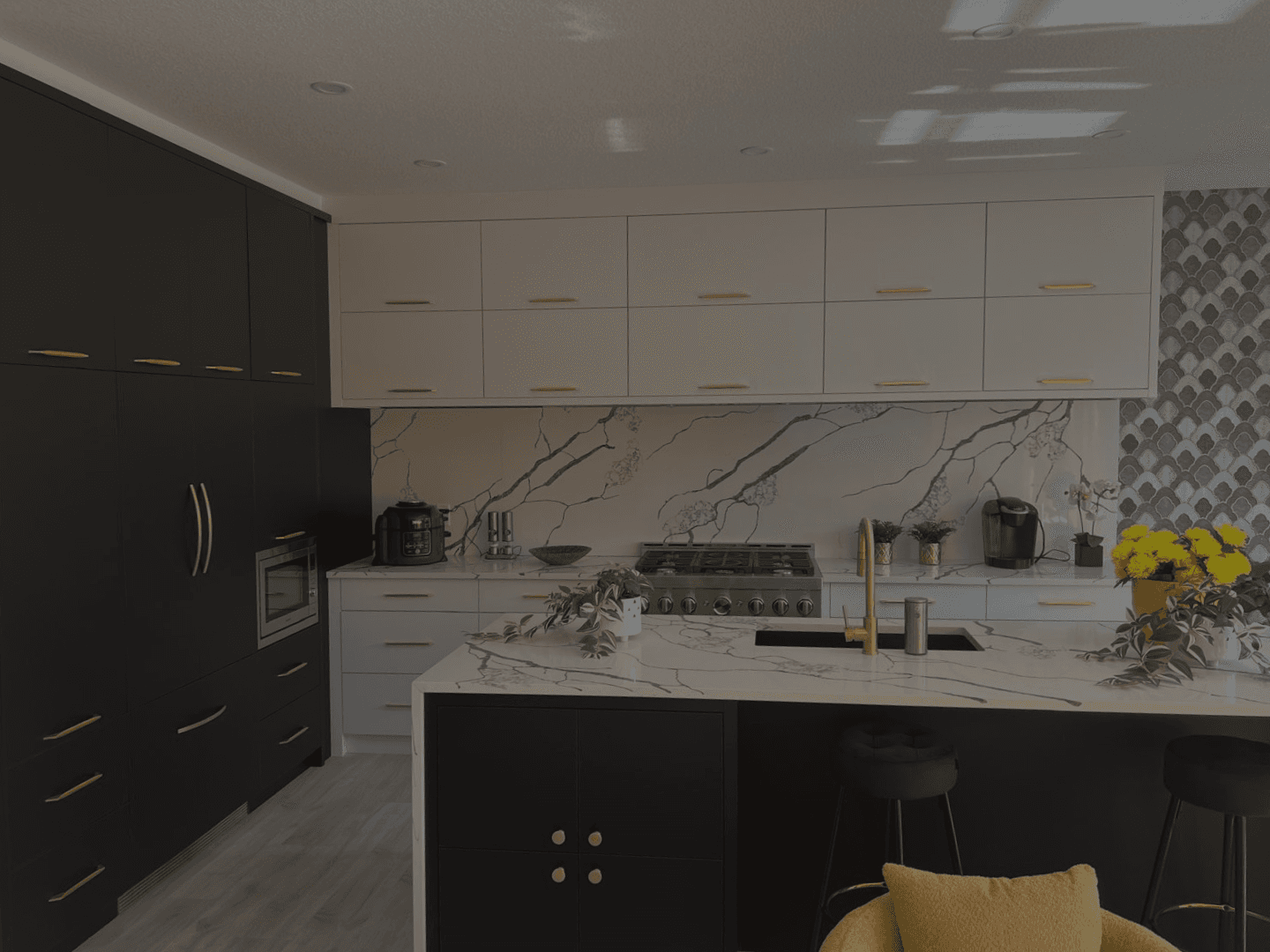 Luxurious Black and White Kitchen with Golden Accents - Luxe Kitchen Cabinets